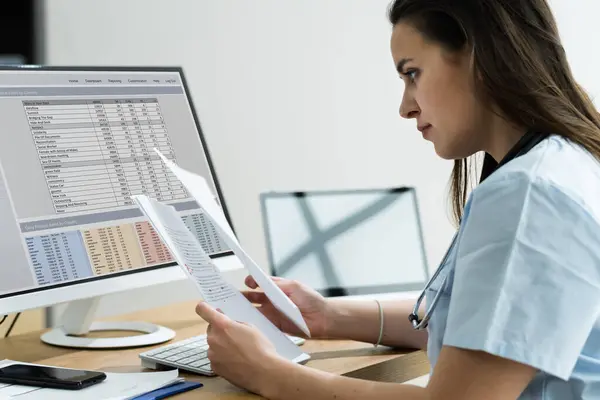 Medical Bill Codes Spreadsheet Data Business Analyst Woman Stock Image