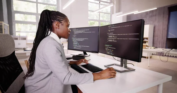 Afrika kökenli Amerikalı programcı masadaki bilgisayarı kullanıyor. Web Geliştirici Kadın