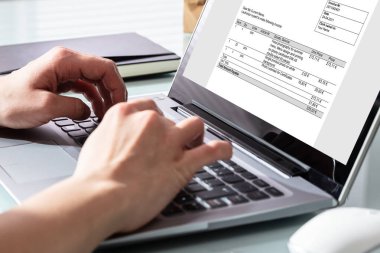 Dizüstü Bilgisayarda Bir İş Kadınının El Kontrol Faturasının Yakın Çekim