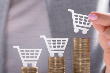 Beyaz alışveriş sepeti altın üstüne yerleştirerek işkadını'nın el paralar yığılmış