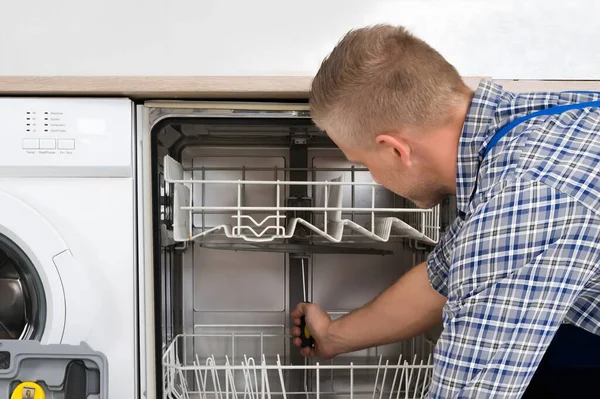 Young Man Overall Toolbox Repairing Dishwasher — Stock Photo, Image