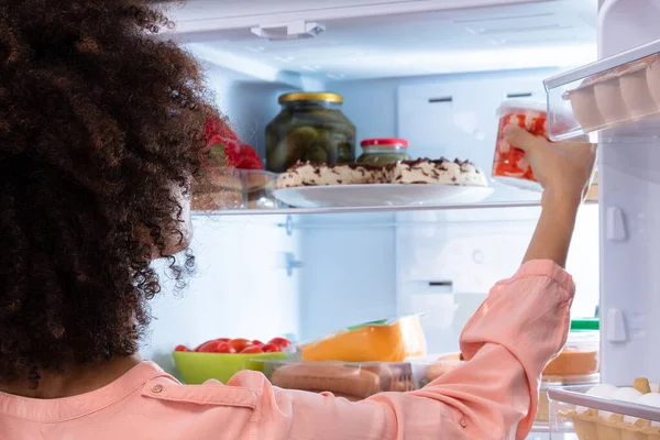 Rear View Young Woman Taking Food Eat Refrigerator — Stock Photo, Image
