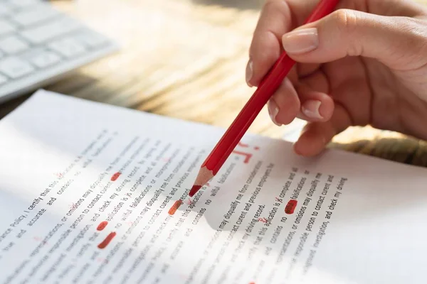 Close Person Hand Marking Error Red Marker Document — Stock Photo, Image