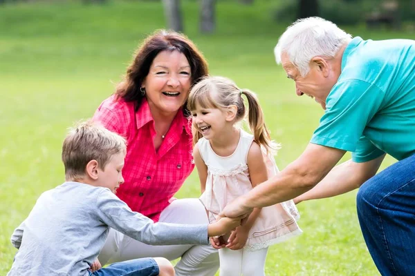 Happy Old Grandparents Having Fun With Grandchildren  In Park