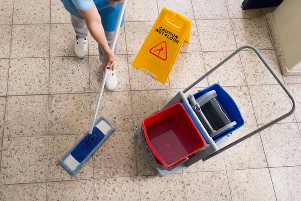 Female Janitor Mopping Floor Cleaning Equipments Wet Floor Sign Floor — Stock Photo, Image