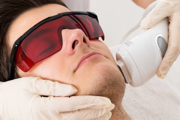 Close Beautician Giving Laser Epilation Treatment Young Man Face — Stock Photo, Image