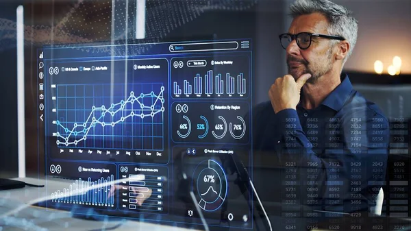 Financiële Data Analist Met Behulp Van Kpi Dashboard Technologie — Stockfoto
