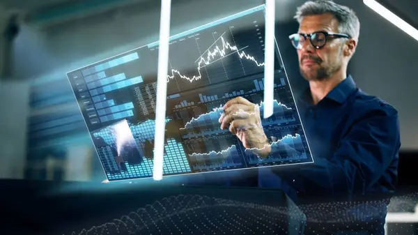 Analista Dados Financeiros Usando Tecnologia Painel Kpi — Fotografia de Stock