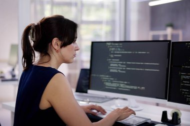 Yazılım Programcısı veya Yazılımcı Kadın Ofis Bilgisayarını Kullanıyor