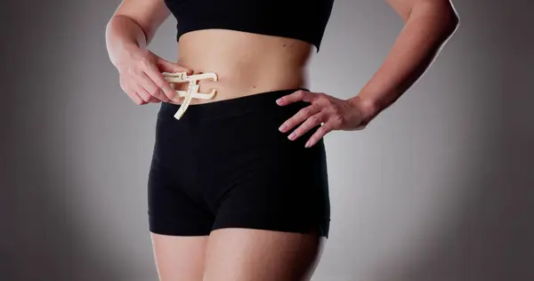 Close Athlete Person Measuring Her Body Fat Caliper Gym — Stock Photo, Image