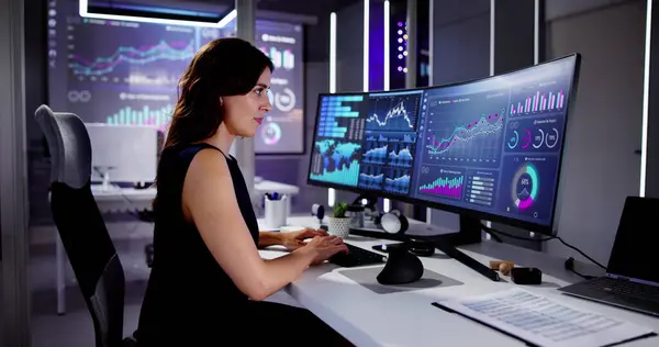 KPI İş Analitik Veri Kontrol Paneli. Analizci Bilgisayar Kullanıyor