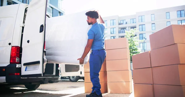 Mattress Move And Delivery Using Mover Truck. Furniture Transport