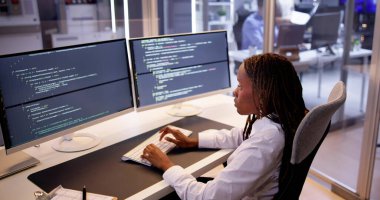 Yazılım Programcısı veya Yazılımcı Kadın Ofis Bilgisayarını Kullanıyor