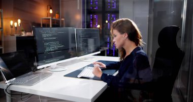 Yazılım Programcısı veya Yazılımcı Kadın Ofis Bilgisayarını Kullanıyor