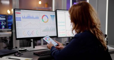 KPI İş Analitik Veri Kontrol Paneli. Analizci Bilgisayar Kullanıyor