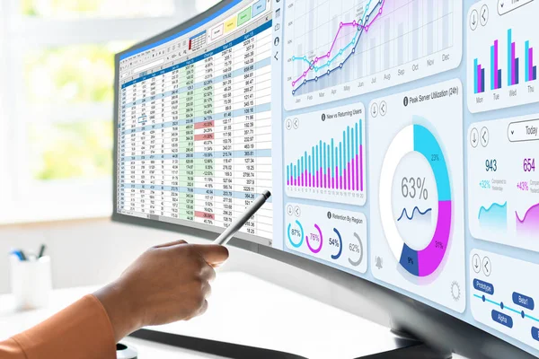 Använda Data Analytics Dator Dashboard Afrikansk Analytiker — Stockfoto