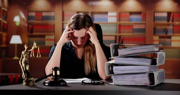 Young Stressed Female Lawyer Working Stacked Folders — Stock Photo, Image