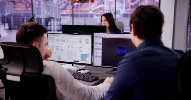 Fabrikadaki endüstri mühendisleri. Araba Tasarımı Buluşu