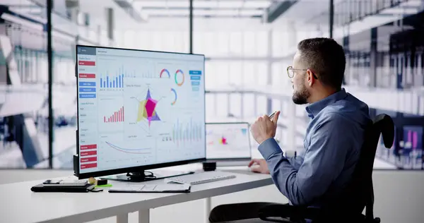KPI Business Analytics Data Dashboard. Analyst Using Computer