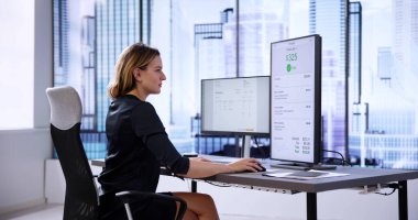 Çevrimiçi Elektronik İşletme Faturası veya Bill. İş kadını Ekrana Bakıyor