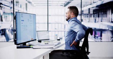 Muhasebeci ofis masasında sırt ağrısı muzdarip yan görünüm