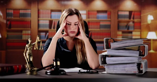 Young Stressed Female Lawyer Working Stacked Folders — Stock Photo, Image