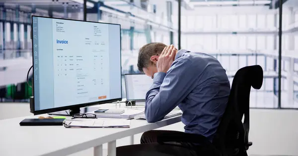 Triste Hombre Contable Frustrado Con Carga Trabajo Factura —  Fotos de Stock