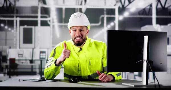 Excited Cheering Engineer Using Automated Semiconductor Assembly Line — Stock Photo, Image