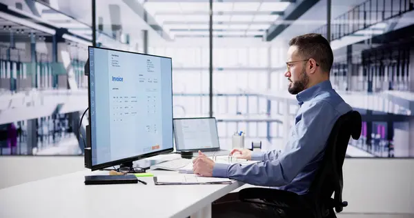 Businessperson Analyzing Invoice Computer Office — Stock Photo, Image
