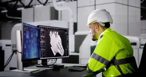 Engineer Doing Cad Model Design Computer Factory — Stock Photo, Image