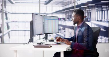 Veri Analisti Afrikalı Adam Bilgisayarda Hesap Tablosu Kullanıyor