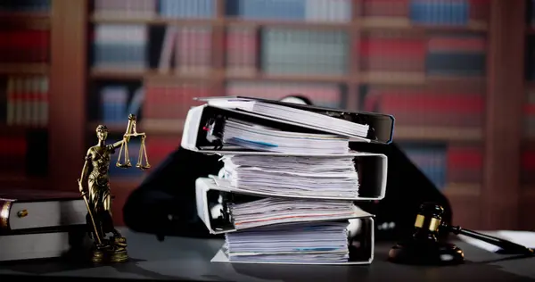 Young Stressed Male Lawyer Working Stacked Folders — Stock Photo, Image