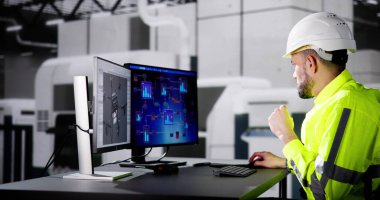 Mühendis fabrikada 3D CAD model tasarımı yapıyor.