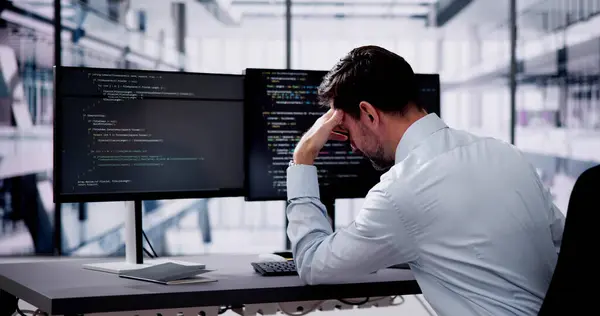 Unhappy Sad Developer Programmer Man Stress Coding Software Computer — Photo