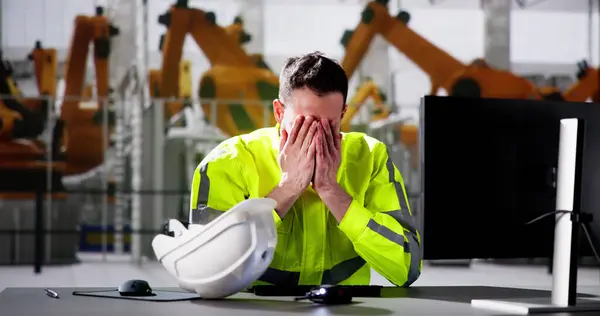 Shocked Engineer Modern Car Factory Ransomware Attack — Stock Photo, Image