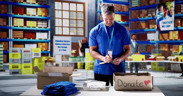 Volunteer Sorting Clothes Humanitarian Care Refugee Assistance — Stock Photo, Image