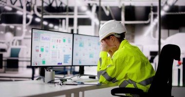 Endüstriyel Santraldeki SCADA sistemini kullanan mutsuz mühendis operatörü