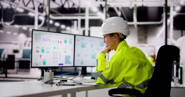 Endüstriyel Santraldeki SCADA sistemini kullanan mutsuz mühendis operatörü