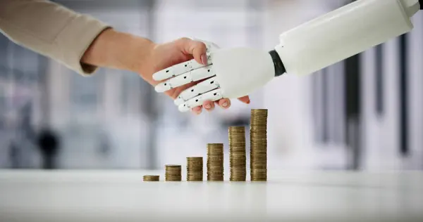 人工智能交易机器人省钱 商贩握手 图库照片