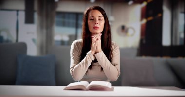 Woman Praying. God Seeking Prayer At Home