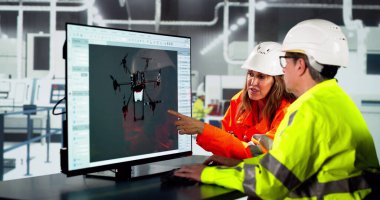 Mühendis fabrikada 3D CAD model tasarımı yapıyor.