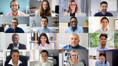 Sanal ofis konferansındaki çok ırklı insanlar video çağrısı.