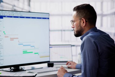 Yönetici pankarttaki yazılımla proje planı oluşturuyor