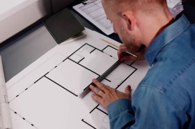 Mimari Mühendis Ofiste Mimari İnşaat Planı Çiziyor