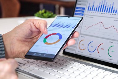 Analitik verileri ve KPI analizlerini gösteren hibrid dizüstü bilgisayar paneli