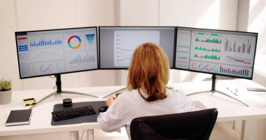 KPI İş Analitik Veri Kontrol Paneli. Analizci Bilgisayar Kullanıyor
