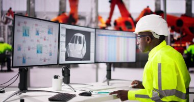 Masaüstü Bilgisayarını Kullanan Afro-Amerikan Üretim Mühendisi