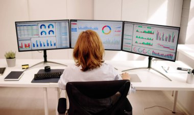 KPI İş Analitik Veri Kontrol Paneli. Analizci Bilgisayar Kullanıyor