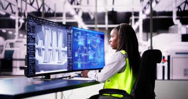 Mühendis fabrikada 3D CAD model tasarımı yapıyor.