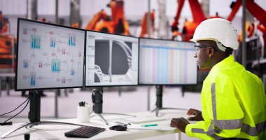 Masaüstü Bilgisayarını Kullanan Afro-Amerikan Üretim Mühendisi